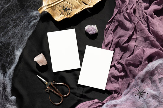 Halloween 5x3,5 rsvp cards mockup on black background 