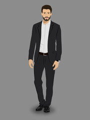 Vector illustration of businessman wearing black suit in cartoon character.
