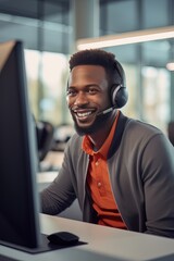 Portrait of a Handsome African Man, Customer Service Operator, Call Center Worker Talking Through Headset with Customer in Modern Office. - obrazy, fototapety, plakaty