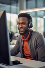 Foto op Canvas Portrait of a Handsome African Man, Customer Service Operator, Call Center Worker Talking Through Headset with Customer in Modern Office. © CYBERUSS