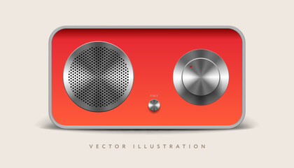 Portable sound speaker mockup, red vintage style, front view. Realistic