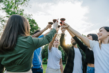 Group of friends toasting together with red wine at party - People raise glasses at an event having fun and joking in a relaxed moment in an outdoor park at sunset - Copy space - 645279188