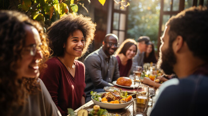 A heartwarming image of a diverse group of family and friends gathered around a large, inviting Thanksgiving feast, ready to give thanks
