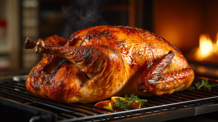 Fototapeta premium A close-up of a perfectly browned and juicy Thanksgiving turkey fresh out of the oven, ready to be carved