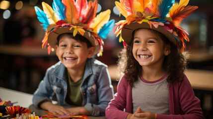 A joyful moment captured as kids engage in Thanksgiving craft activities, making colorful handprint turkeys and paper pilgrim hats