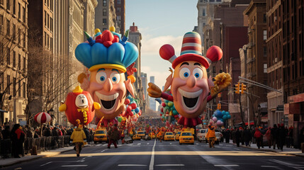 A picturesque view of a Thanksgiving parade with giant balloons floating above the streets, entertaining the crowds below