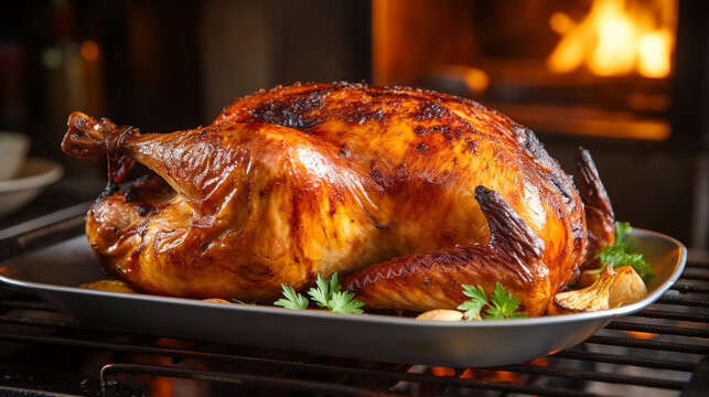 A close-up of a perfectly browned and juicy Thanksgiving turkey fresh out of the oven, ready to be carved