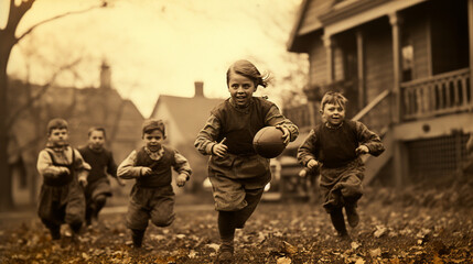 A delightful snapshot of children playing a friendly game of touch football in the backyard after a hearty Thanksgiving meal
