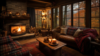 A cozy cabin in the woods with a warm fireplace and plaid blankets, offering a tranquil escape for a Thanksgiving retreat