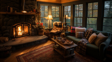 A cozy cabin in the woods with a warm fireplace and plaid blankets, offering a tranquil escape for a Thanksgiving retreat