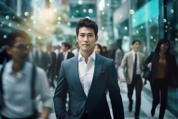 Asian Businessman Walking in Modern City, Handsome Man Walks on a Crowded Pedestrian Street, Asian Manager Surrounded by Blur People on Busy Street.
