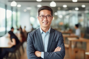 Obraz premium Portrait of a Handsome Businessman in Modern Office, Asian Manager Looking at Camera and Smiling, Confident Male CEO Planning and Managing Company Strategy.