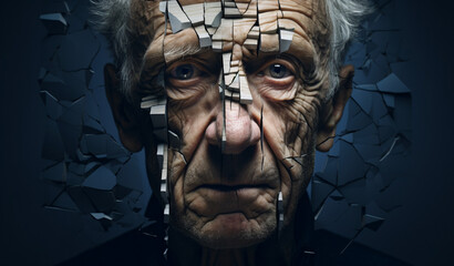 An broken old senior man with winkles in a sad expression looking at the camera with heartbroken feeling. Face broken into data pieces representing ai, technology and information against people behind - obrazy, fototapety, plakaty