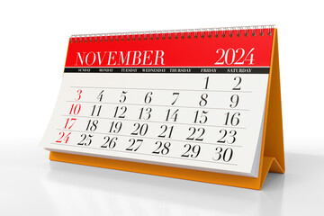 November 2024 Calendar. Isolated on white background. 3D Illustration