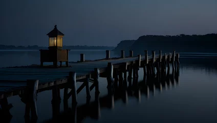 Zelfklevend Fotobehang night on the lake. wooden river breach. Generative AI illustration © Icon