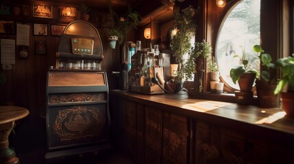 Fototapeta na wymiar Cozy industrial-style specialty coffee house interior with warm lights 