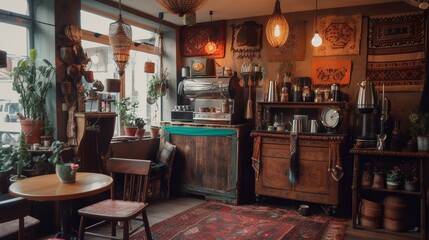 Industrial style coffee shop interior with brick walls and boho decor 