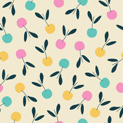 Summer colorful cherry hand drawn vector illustration. Vintage berries in flat style seamless pattern for kids fabric or wallpaper.