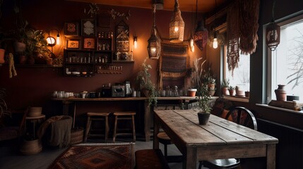 Fototapeta na wymiar Industrial style coffee shop interior with brick walls and boho decor 