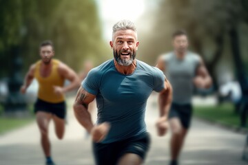 Fototapeta na wymiar Senior Man Running for Healthy Life, Male Running Exercise in Green Nature Park.