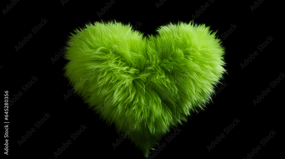 Wall mural Green furry plush heart shape isolated on a black background.