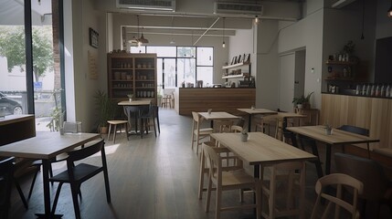 Fototapeta na wymiar Bohemian and Scandinavian cafe interior with vintage decor 