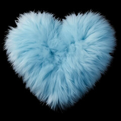 Blue furry plush heart shape isolated on a black background.