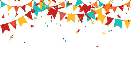 carnival party card or banner vector illustration with retro confetti streamers and hanging flag garland on transparent background