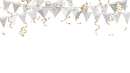 silver party flags with confetti and ribbons falling on transparent background. celebration and birthday activities vector illustration