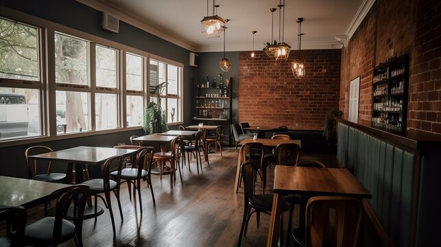 Cozy urban specialty coffee shop with industrial vibe and brick wall 