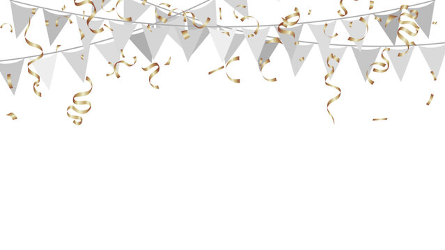 silver party flags with confetti and ribbons falling on transparent background. celebration and birthday activities vector illustration