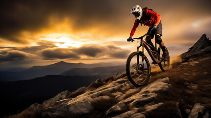 MountainBiker hiking on mountain. Extreme Sports and Mountain Bike photos. Ai generative.