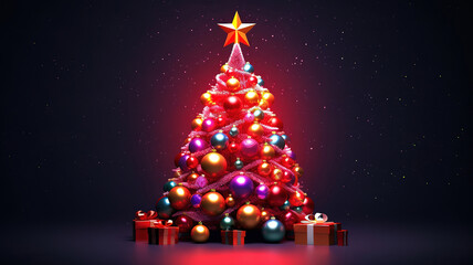 Christmas Tree with Red Balls and Stars, Bright color. Generative Ai