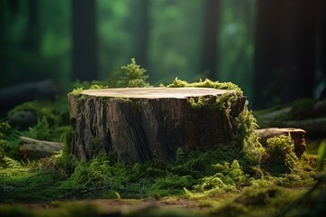 Obraz premium Tree Stump Covered with Moss in the Forest, Green Nature Blur Background.