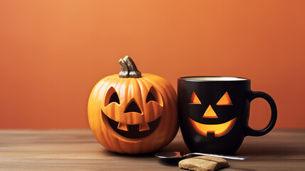 Halloween pumpkin coffee cup as jack o lantern isolated on yellow orange background