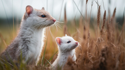 Side view, cinema lens, of a weasel with a newborn weasel cub standing in a field, blurred background, grunge style