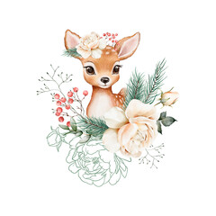 Watercolor and graphic Christmas composition with cute deer in flowers, coniferous branches and berries. Perfect for for cards, greetings, packaging, print