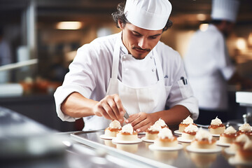 Pastry chef caucasian man preparing and decorating mousse cakes.