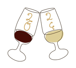 Modern single line art of two glasses of red and white wine celebrating new year with 2024 greeting card. party invitation banner.
