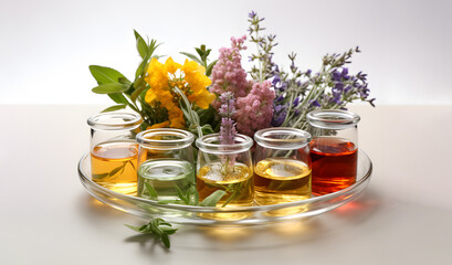 Test tubes with flowers in the laboratory. Concept of floratherapy, Bach flowers and alternative medicine