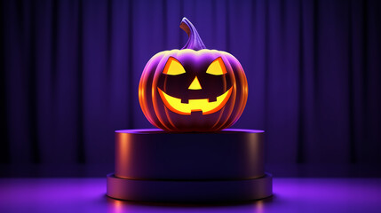 Halloween pumpkin podium on neon background