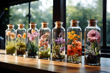 Test tubes with flowers in the laboratory. Concept of floratherapy, Bach flowers and alternative medicine