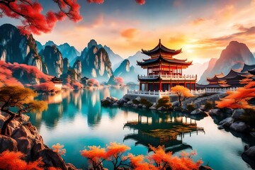 Chinese landscape painting in 3D, sunrise