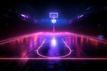 Dynamic 3D render Neon lit basketball court from a thrilling side perspective - obrazy, fototapety, plakaty