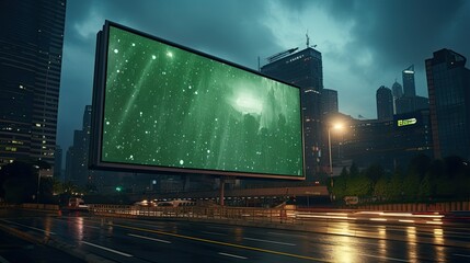 Solar-powered digital billboard on a busy street, blending advertising with green tech