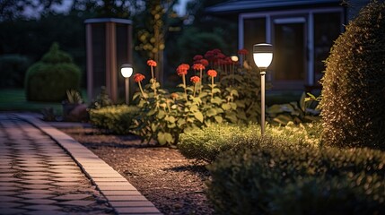 Solar-powered garden lights in a landscaped yard, showcasing aesthetic and functional use