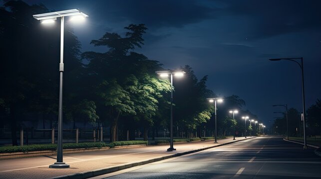 Solar-powered streetlights lining a pathway, capturing the application of solar tech in public spaces