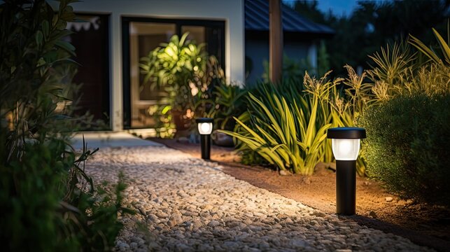 Solar-powered garden lights in a landscaped yard, showcasing aesthetic and functional use