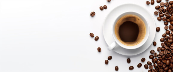 Fototapeta premium A mug of coffee on a table with beans on a white background