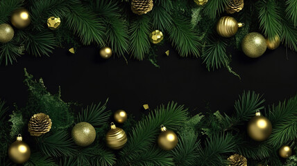 Obraz na płótnie Canvas Christmas deco with fir and baubles on dark background. Generative Ai